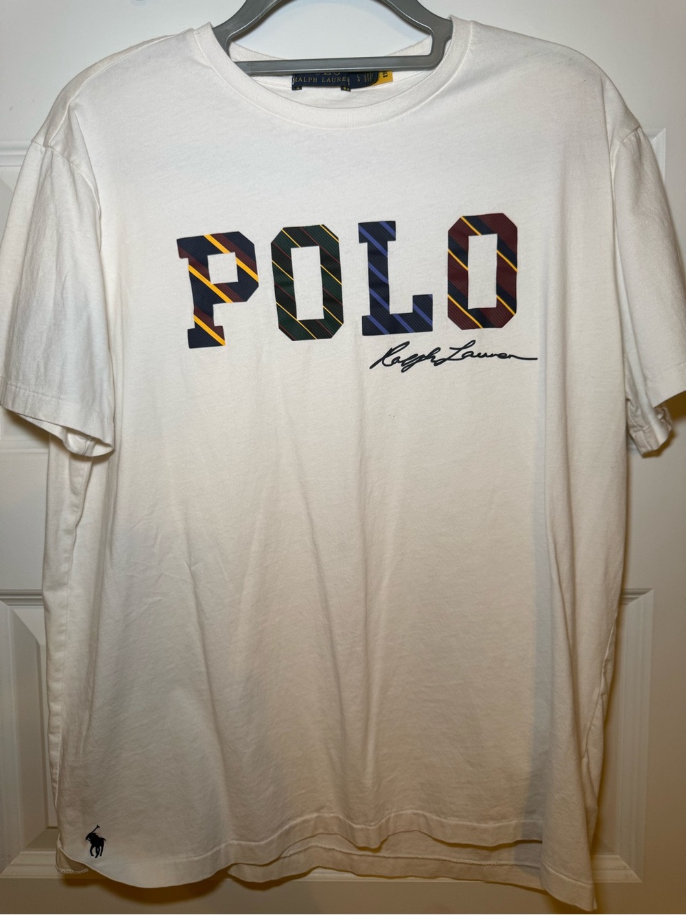 Polo by Ralph Lauren Men’s Large White Tee with Multicolor Plaid POLO Graphic